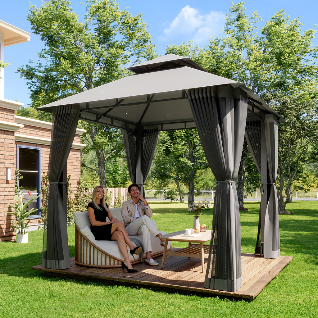8'x8'Heavy-Duty Aluminium Alloy Outdoor Gazebo With Double Roof Canopy - All-Weather Pergola Mosquito Netting, Suitable For Terraces, Backyards, Or Gardens (grey)