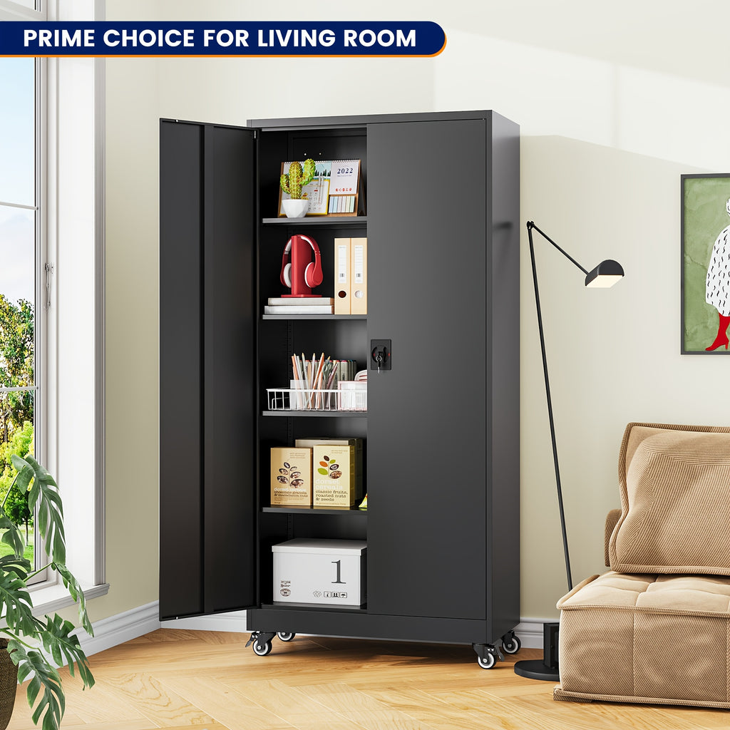 75-Inch Garage Storage Unit: Features 2 Doors, Wheels, 4 Adjustable Shelves, And a Lock. Ideal for Workshops, Homes, Or Offices. Sturdy And Easy to Move