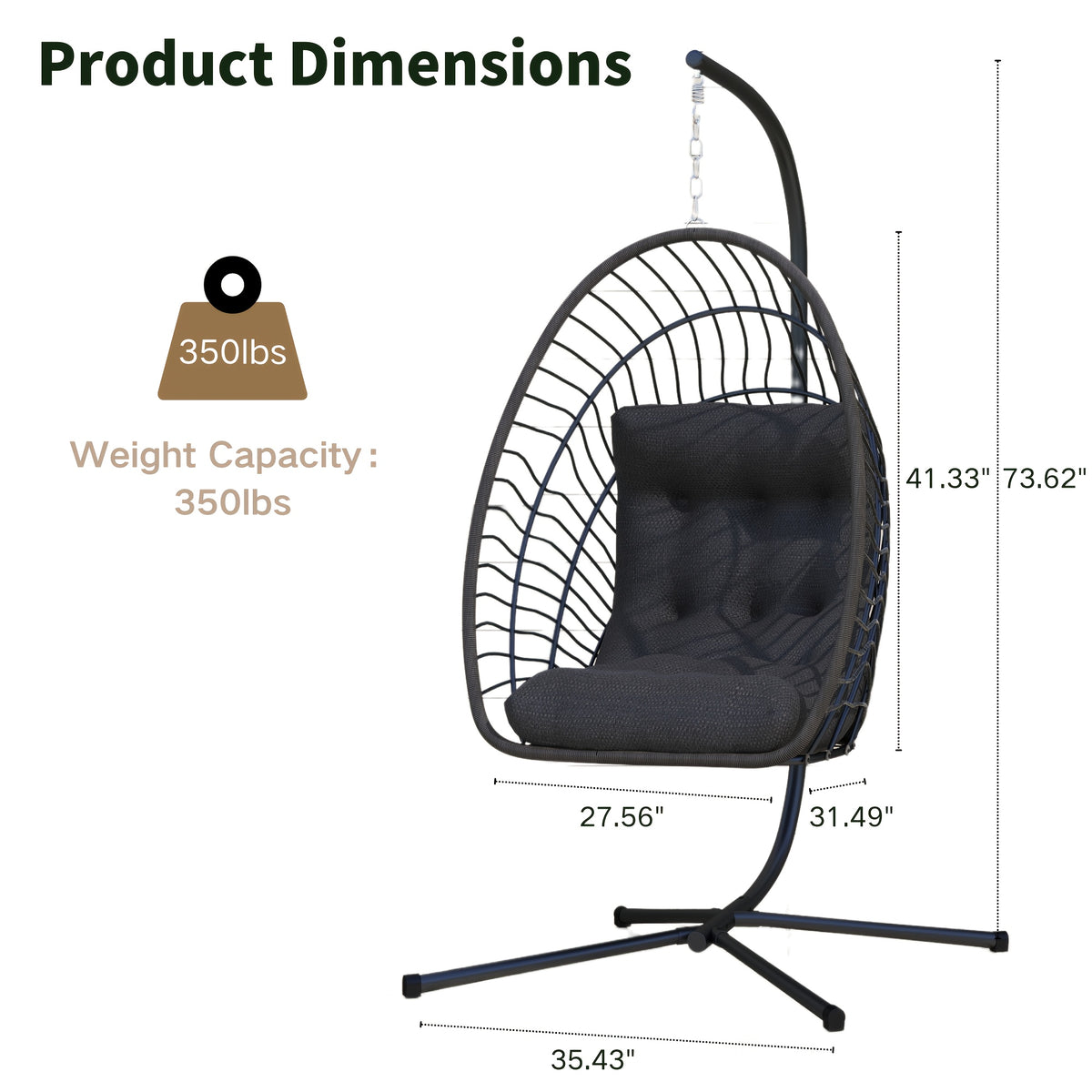 Hanging Egg Chair with Stand, Foldable Rattan Wicker Hammock Egg Swing Chair Solely for Outdoor, Porch, Patio, Garden, 350LBS Capacity, Grey