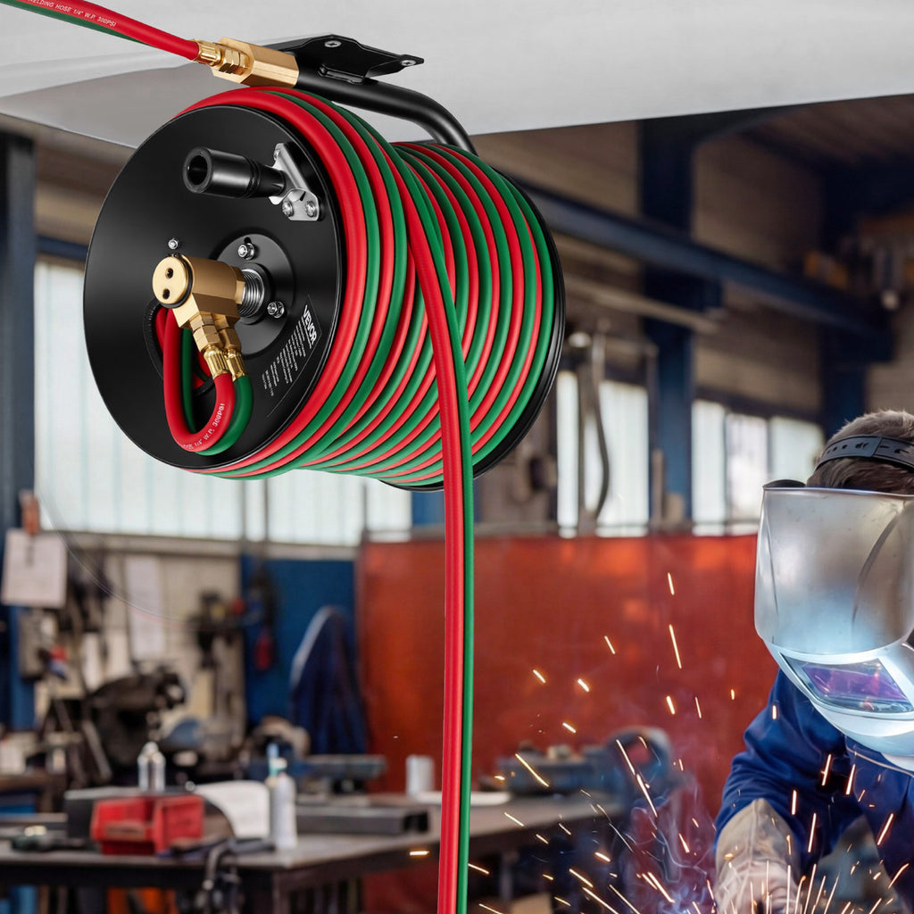 VEVOR Retractable Welding Hose Reel, Hand Crank Manual Rewind Hose Reel with 1/4 Inch x 100FT Twin Oxygen Acetylene Rubber Hose Max 300PSI - T Grade, Ceiling/Wall Mount Steel Reel for Workshop Garages