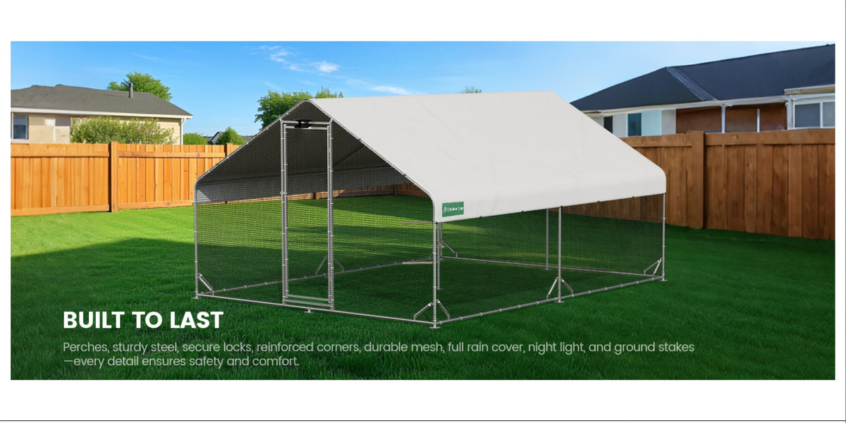 Large Walk-in Metal Chicken Coop with Chicken Run & Hardware Cloth, Solar Light, UV-Resistant Cover, Outdoor Poultry Cage for Farm Use