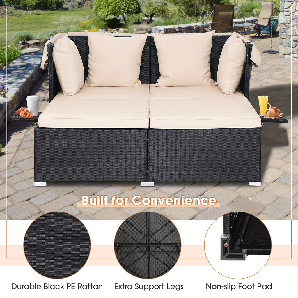 COSTWAY 2-Person Outdoor Daybed, Patio Double Chaise Lounger with Retractable Canopy And Side Tables, Wicker Sunbed with Cushions And Throw Pillows for Poolside Backyard Garden
