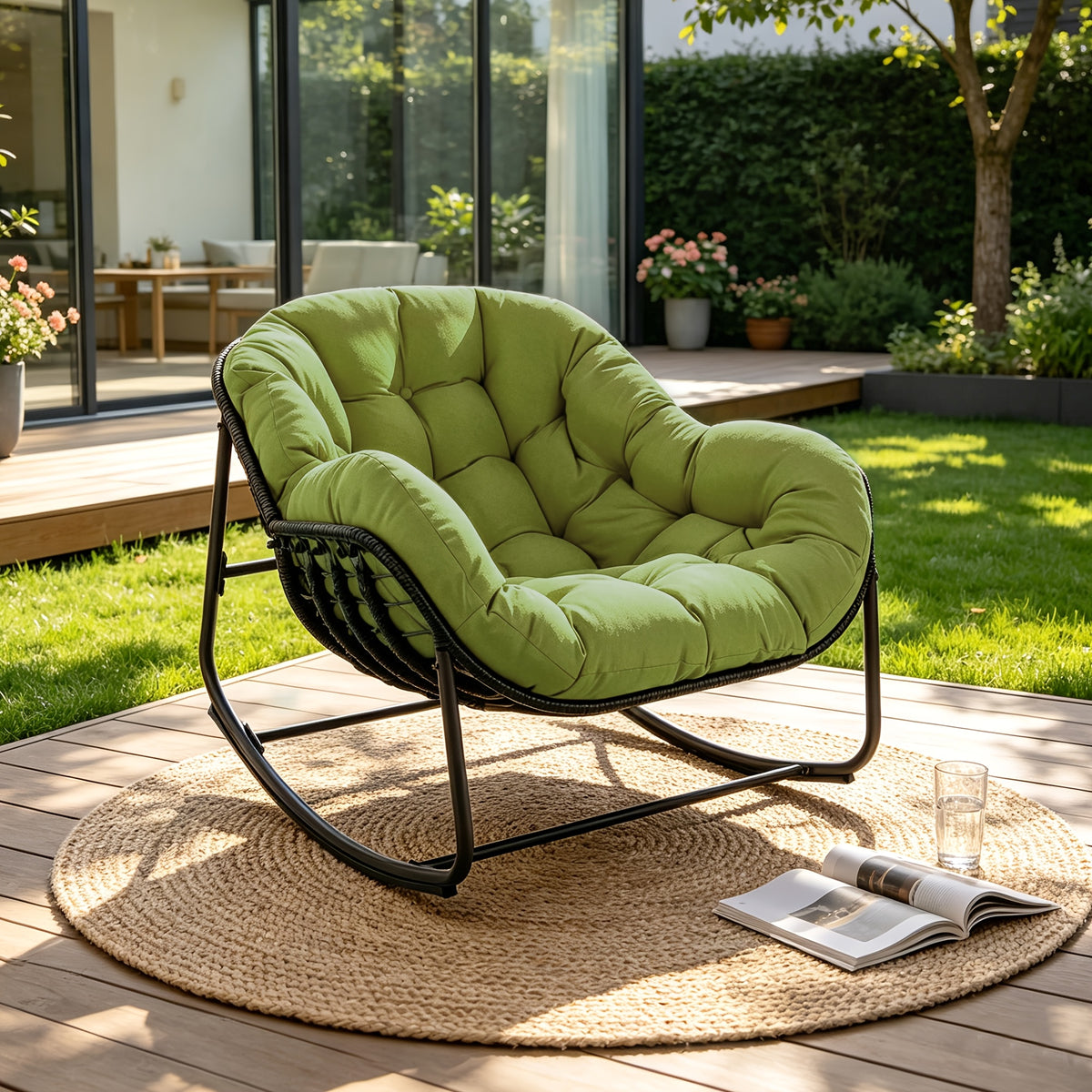 Papasan Rocking Chair Outdoor, All Weather Wicker Papasan Patio Chair with Cushion And Pillow, Heavy Duty Metal Oversized Papasan Rocker Egg Chair for Garden, Patio