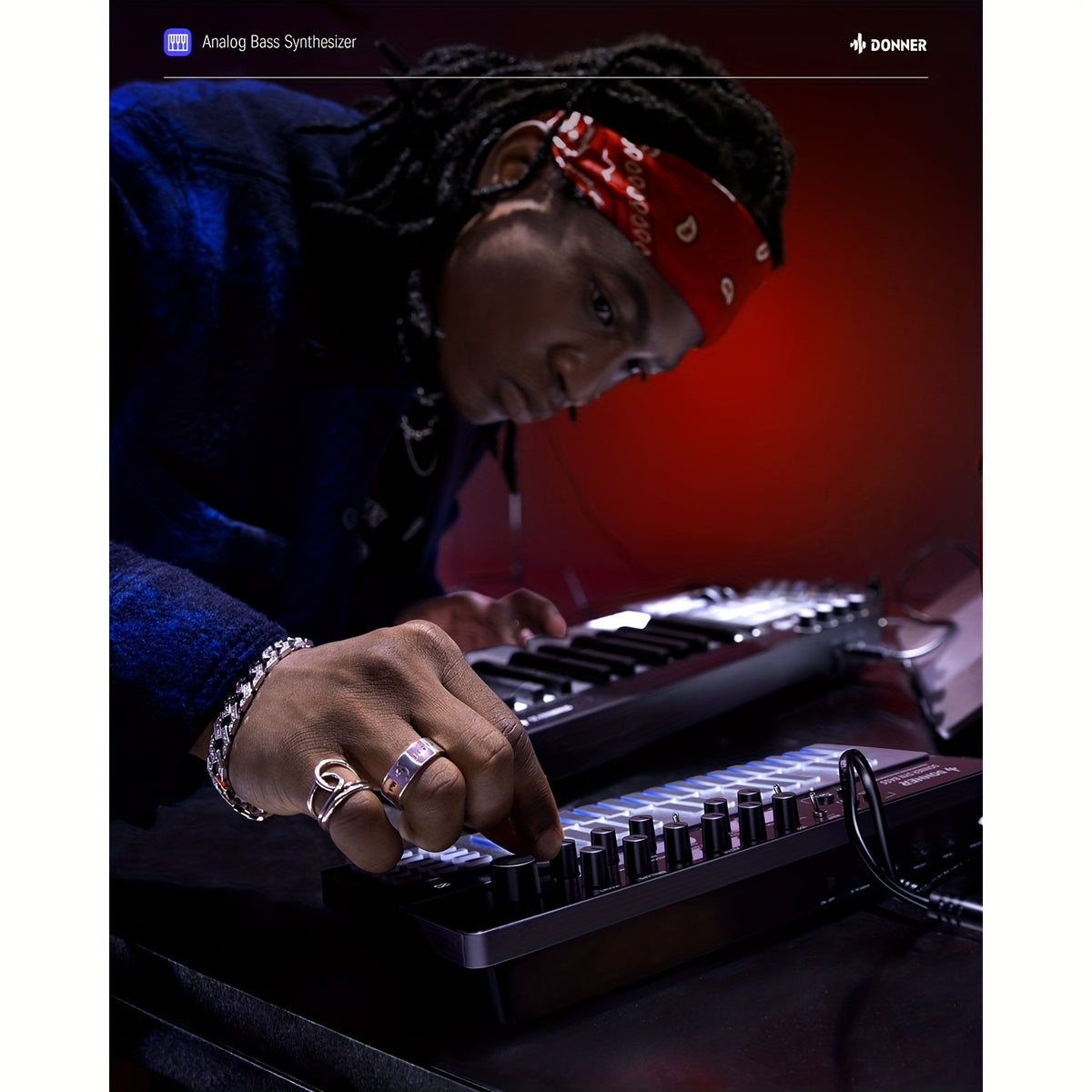 Donner Sequencer Bass Analog Synthesizer Sequencer Keyboard Saturation Delay Effects Classic 128 Pattern Memory Acid Sound Midi Pad Tabletop Easy To Use For Beginner DJ Stage Music Gift Sequencer 81