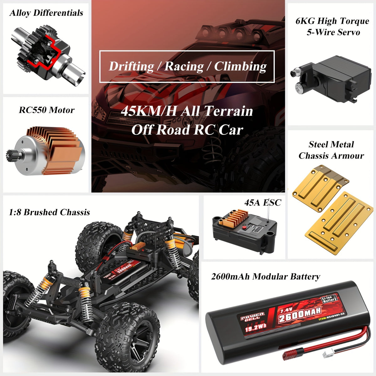 1:8 All Terrain High Speed Off Road RC Car, 45KM/H, Outdoor Drifting/Racing/Climbing, 2.4Ghz Remote Control, 3937.01inch RC Distance, Large Capacity Modular Battery, Birthday Gifts