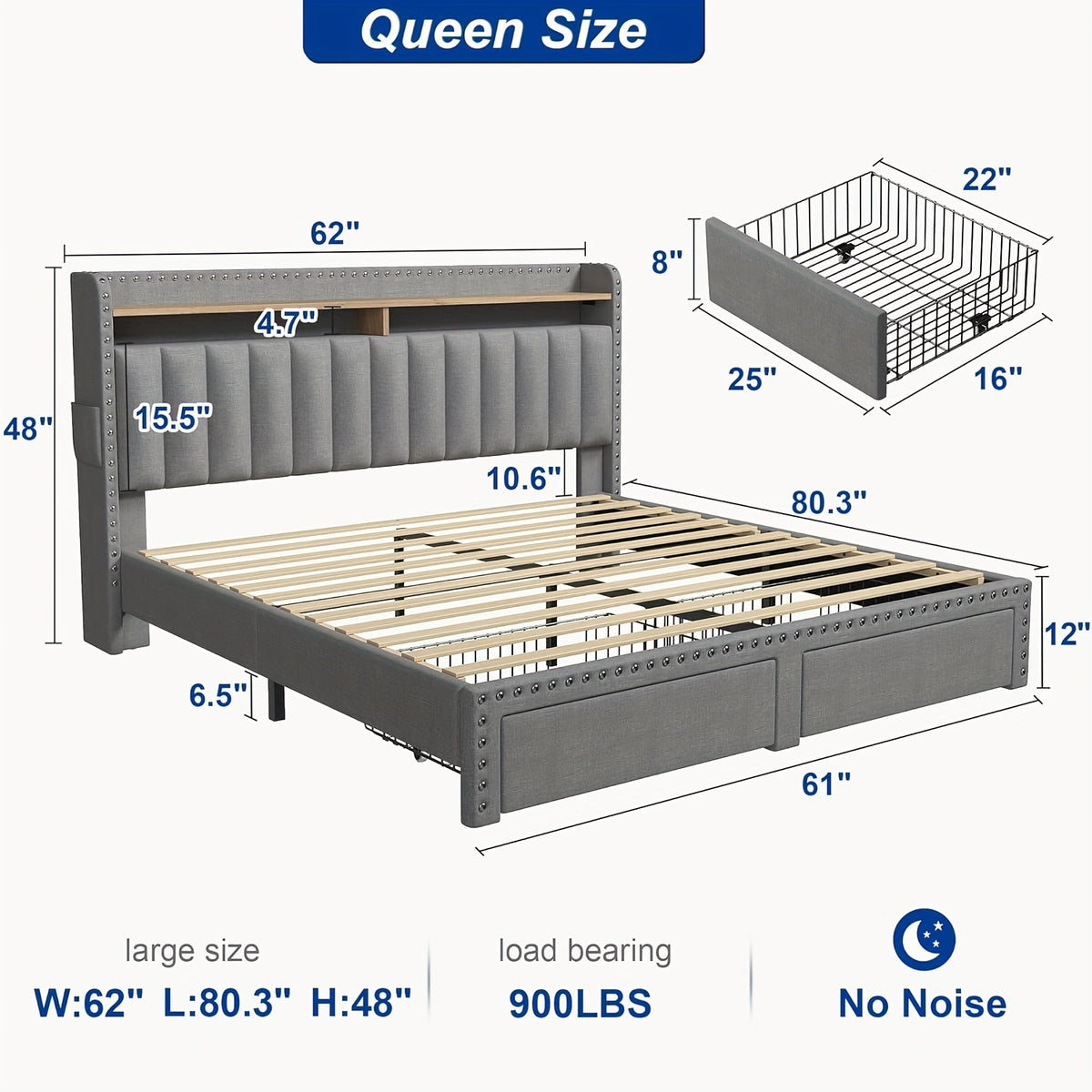 King Size Upholstered Bed Frame with Storage, 2-Tier Headboard And 2 Drawers, Sturdy Wood Slats, No Box Spring Needed, Noise-Free, Modern Grey/Beige, Easy Assembly, Space Saving
