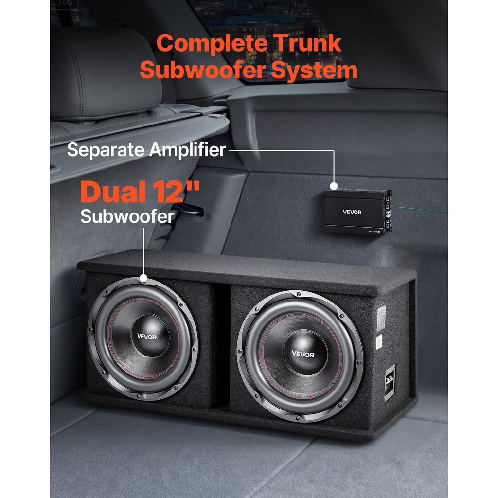VEVOR Subwoofer Bass Package, 12 in, 1200W RMS, Dual Car Audio Subwoofer and Amp Package, with Loaded Enclosure, Separate Amplifier, and Wiring Kit, for Various Vehicles Trunks, Car Audio Systems