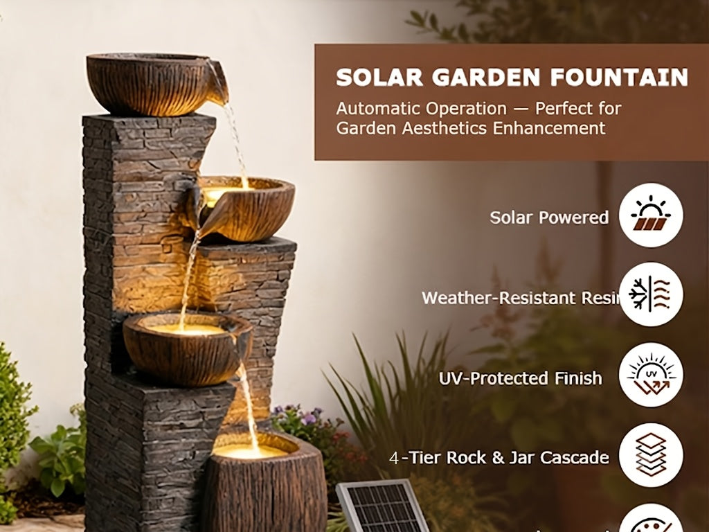 Solar Outdoor Water Fountain, 38.2-Inch 4-Tier Cascading Bowls and Stacked Stones with LED Lights