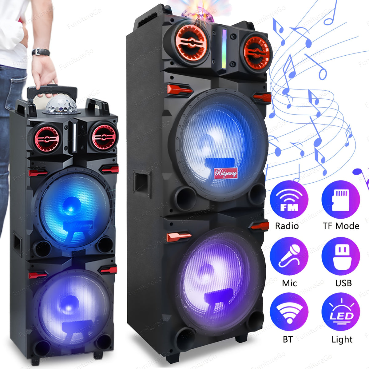 10" Dual Speaker System Built In BT for Wireless Connection, LED Party Lights, FM Radio, AUX/Microphone Inputs - Portable PA System for Parties, Karaoke, DJ (Includes Wired Mic)