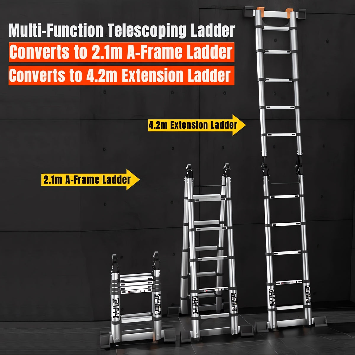 Ladders14 FT A-Frame Extension Ladder, Step Ladder Heavy Duty Stainless Steel Telescoping Ladder with Stabilizer Bar, 350 Lbs Capacity Multi-Position Ladder for Home, Indoor, Outdoor, Stairs, Roof, Folding Storage Ladder