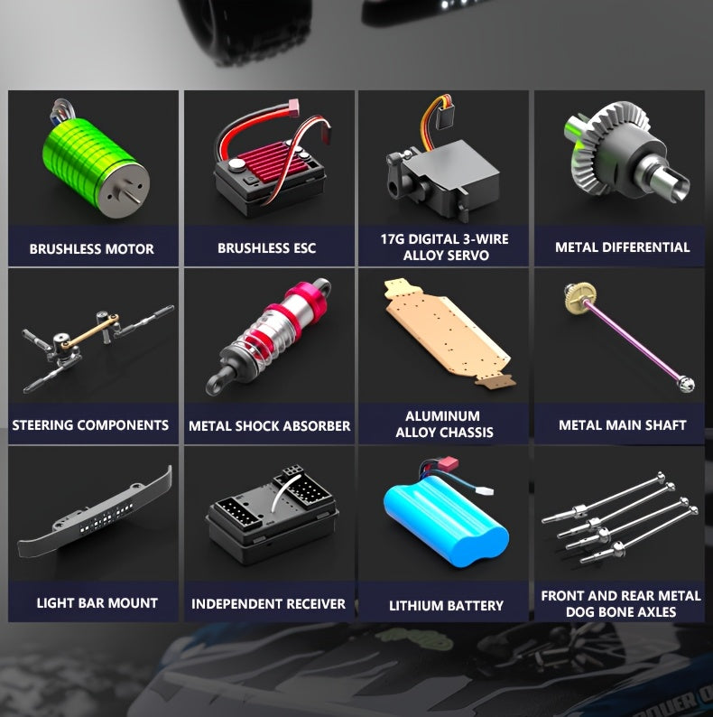ZHUOYOU 1:12 Full Scale 4WD Brushless RC Car, All Terrain 60KM/H High Speed Off Road Truck, Alloy Chassis, 2.4Ghz, Supports Vehicles Racing Together, 3-Wire 17G Digital Servo, LED Light
