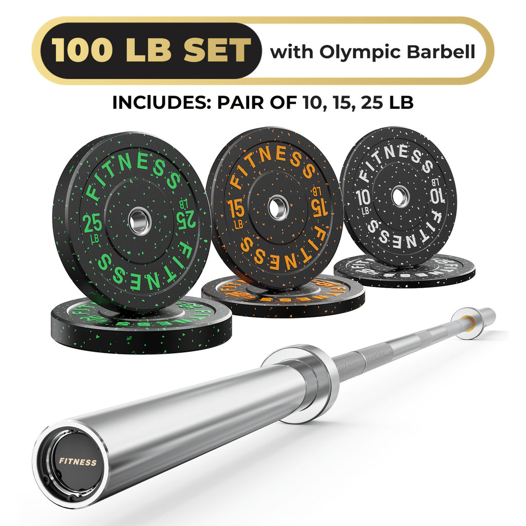 Rubber Bumper Plates with 7ft Barbell, 70LB to 410LB Heavy Duty Weight Plates + 2-Inch Barbell Combo, Bumper Plates with Steel Hub, Home Gym Strength Training for Deadlift Squat Bench Press, 1 Barbell Per Set