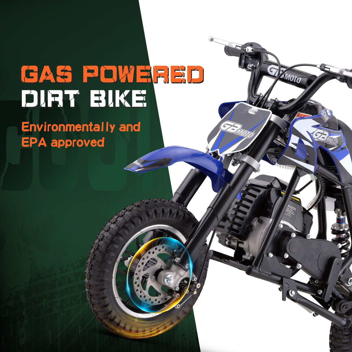 Mini off-road bike, 41CC four stroke gasoline bike (model: DB001), equipped with off-road tires, suspension, disc brakes, maximum load of 160Lbs, top speed of 18Mph, gloves and face cloth included
