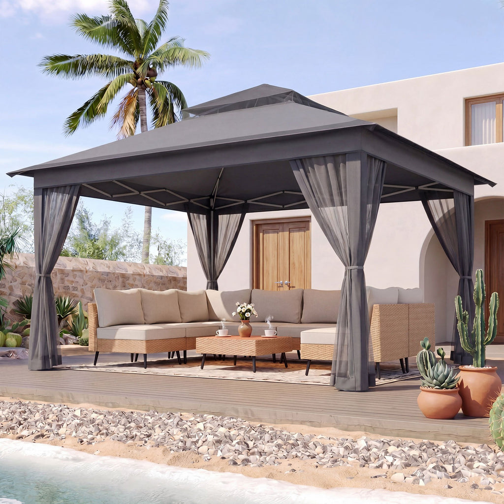 KAMEROUT Canopy Gazebo with Full Mesh Sidewalls, One-Touch Instant Setup Height Adjustable Outdoor Shelter Tent for Patio Backyard Party BBQ
