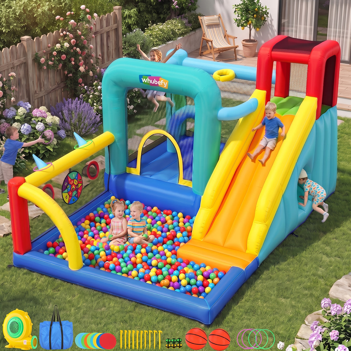 Inflatable Bounce House with Blower for Indoor Outdoor, Rabbit Ears Center Obstacle Bouncy Castle with Ball Pit/Splash Pool, Air-Filled Jumping Bouncer with Center Obstacle/Tunnel/Climbing Wall/Dartboard/Ring Toss/Ball Holes/Hoop