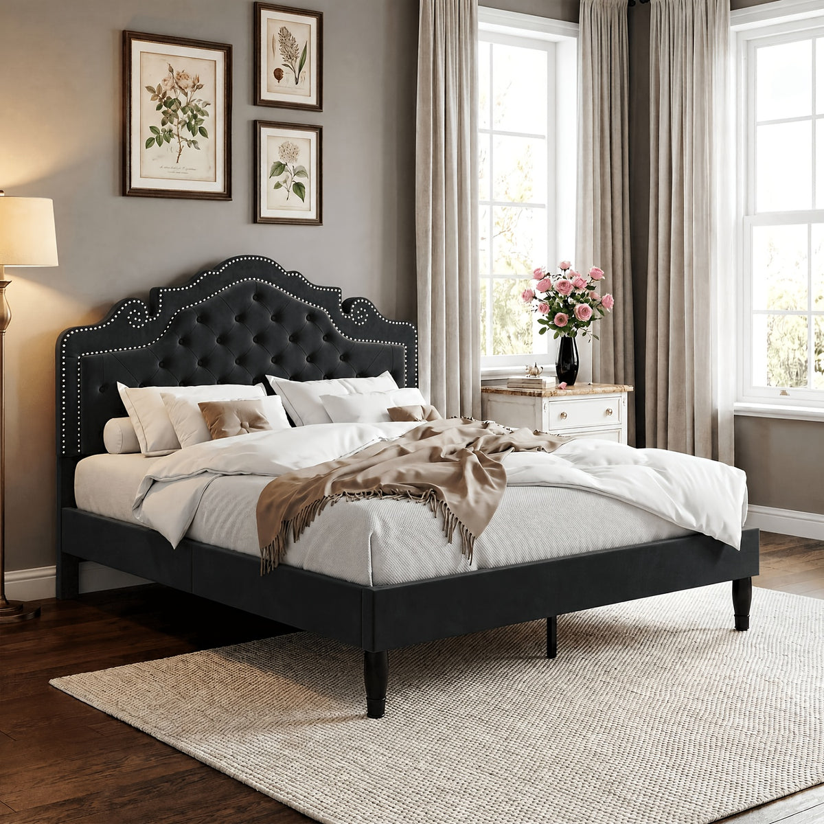 WEEWAY Full/Queen/King Bed Frame with Velvet Adjustable Tiara Curved Headboard And High Resilience, Upholstered Diamond Button Tufted Platform Bed with Wood Slats/No Box Spring Needed/Noise Free/Black/Dark Grey