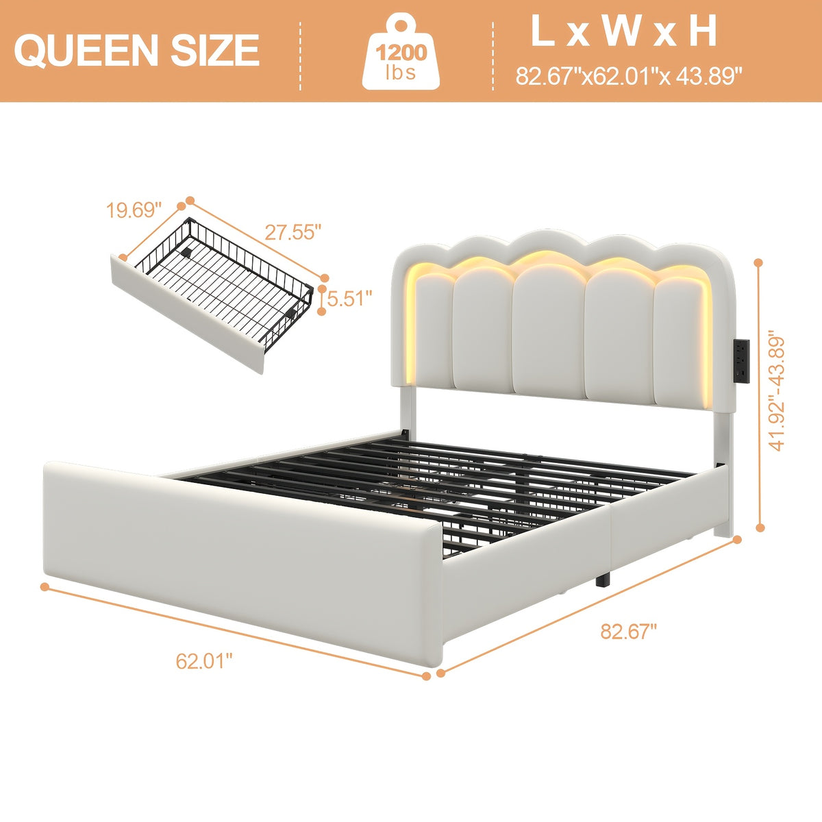 Upholstered Platform Bed Frame with 4 Storage Drawers & Adjustable Headboard, Full/Queen Size Bed Frame with LED Lights & Charging Station, Strong Metal Slats Support, No Box Spring Needed, Easy Assembly, Black/White