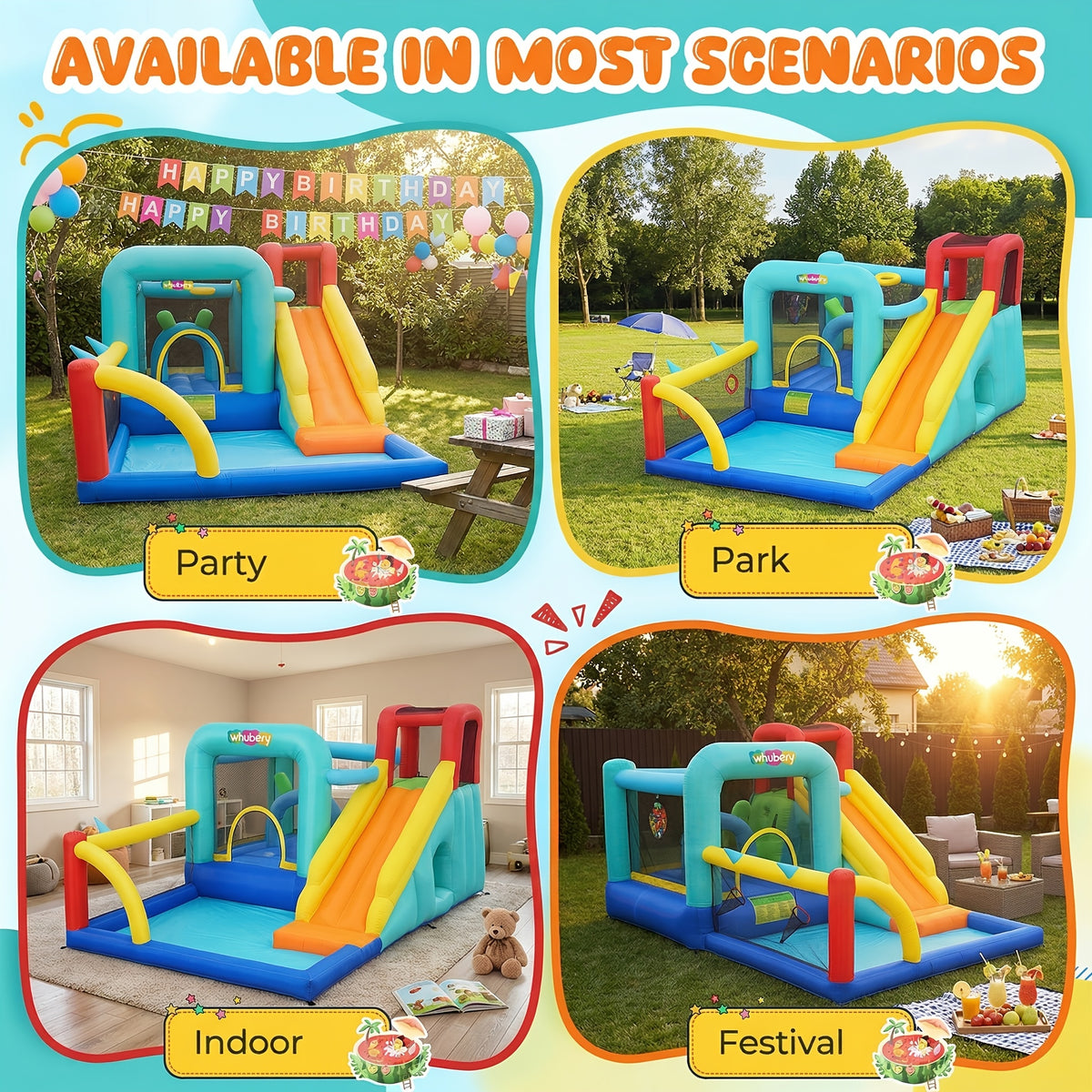 Inflatable Bounce House with Blower for Indoor Outdoor, Rabbit Ears Center Obstacle Bouncy Castle with Ball Pit/Splash Pool, Air-Filled Jumping Bouncer with Center Obstacle/Tunnel/Climbing Wall/Dartboard/Ring Toss/Ball Holes/Hoop