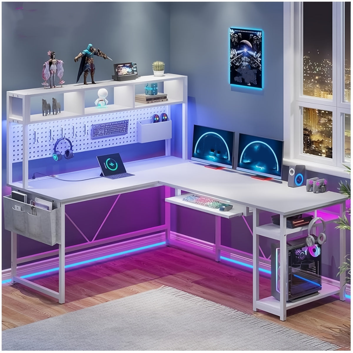 L-Shaped Gaming Desk, Reversible from a 67-Inch Corner Setup to a 94.5-Inch Two-Person Workstation
