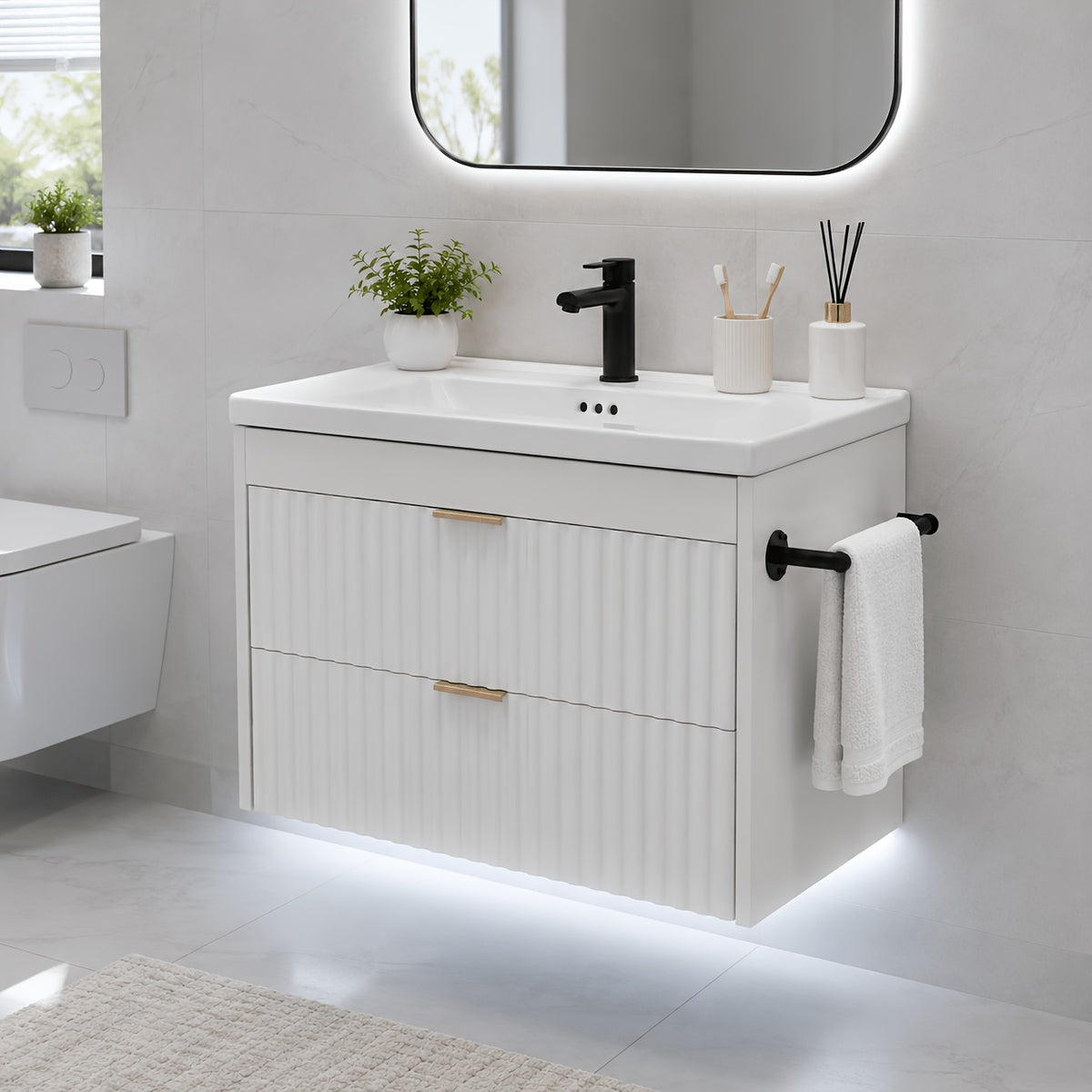 24" Wall Mount Floating Bathroom Vanity with LED Lighting, 3-Hole Ceramic Sink Included, Wave Fluted Textured Cabinet Door, 2 Soft Close Drawers, Modern Suspended Bathroom Vanity Cabinet for Small Bathrooms, Black & White Optional