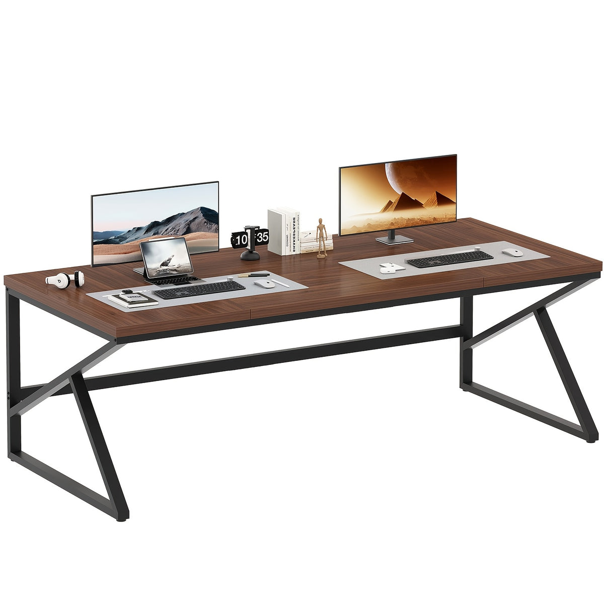 [Extra Long Computer Desk] 70 Inch Extra Long Computer Desk, Industrial Metal Wood Home Office Desk, Large PC Laptop Table For 2 Person Executive Writing Work Study Gaming, Bedroom Living Room Dual Monitor Desk, Dark Gray