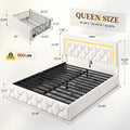 Queen/Full Size Bed Frame With 4 Storage Drawers & Headboard Adjustable, Velvet Platform Bed With LED Lights, Charging Station, Sturdy Wooden Slats Support, No Box Spring Needed, Beige, Grey