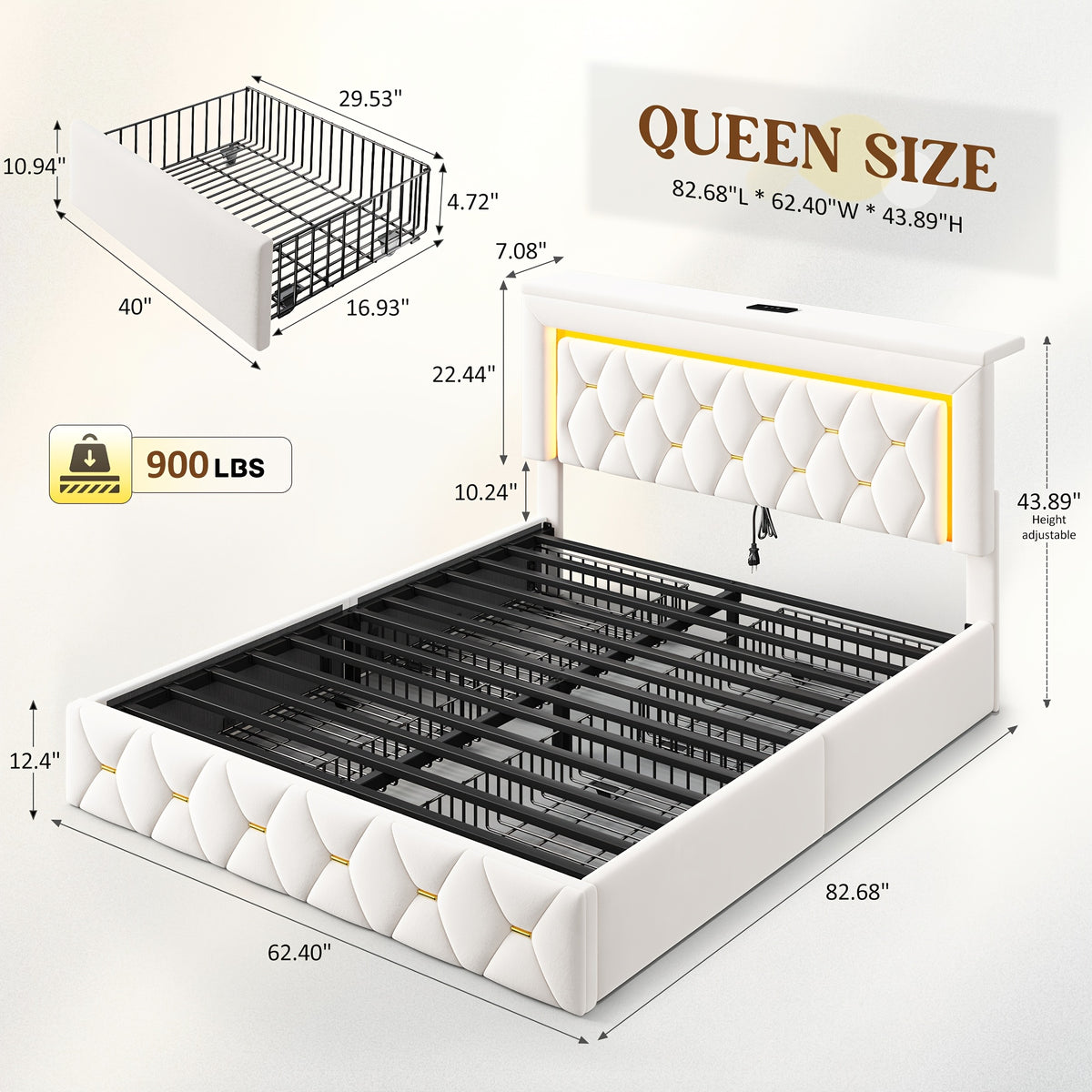 Queen/Full Size Bed Frame With 4 Storage Drawers & Headboard Adjustable, Velvet Platform Bed With LED Lights, Charging Station, Sturdy Wooden Slats Support, No Box Spring Needed, Beige, Grey