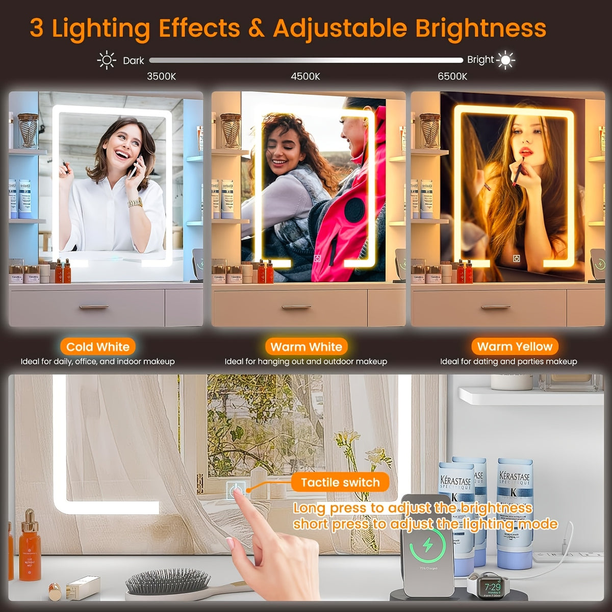 Vanity Desk with LED Lighted Mirror & Power Outlet, Modern Corner Makeup Vanity Table with 8 Drawers & Open Shelves, Dressing Table for Valentine's Day Gift