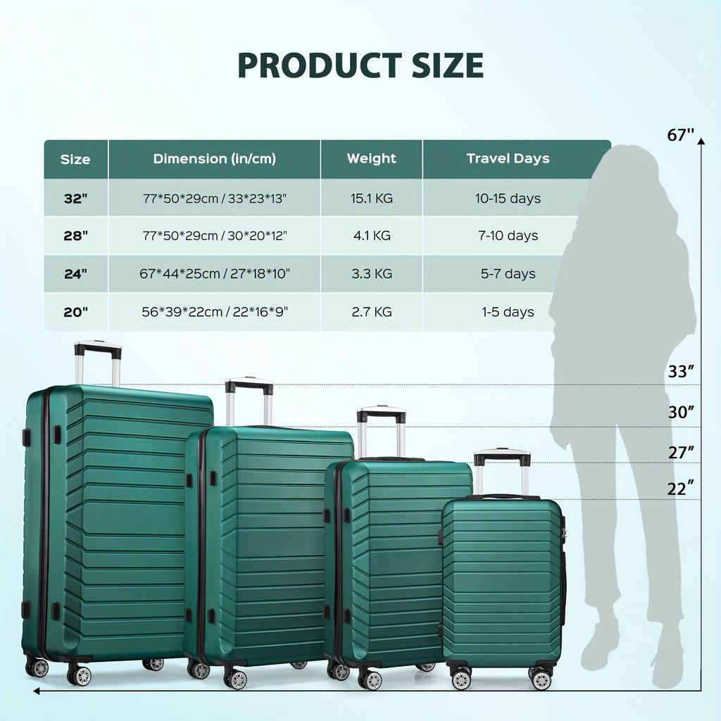 11pcs Luggage Set (4suitcases+7storage Bags) Large Capacity Luggage with Telescopic Handle Thick ABS Durable Hardshell with Dual 360°Swivel Wheels (20+24+28+32) Inch Suitcases