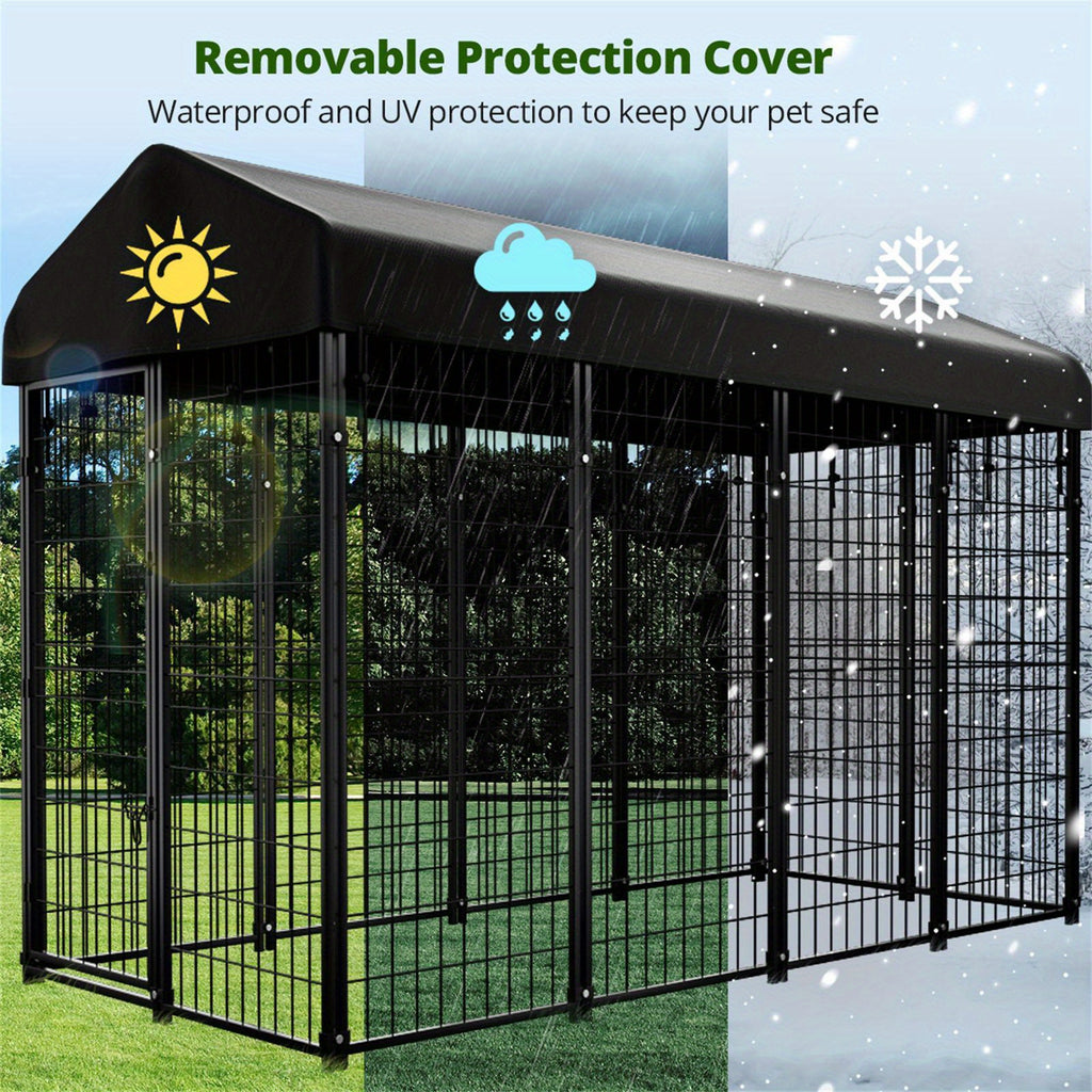 98"L x 49"W x 71"H Dog Kennel Outdoor with Waterproof Roof, 8x6x4ft Large Outdoor Kennel with Rotating Feeding Door, Bowls, Dog Cage for Outside Dog House Enclosure for Dogs, Cat, Rabbit