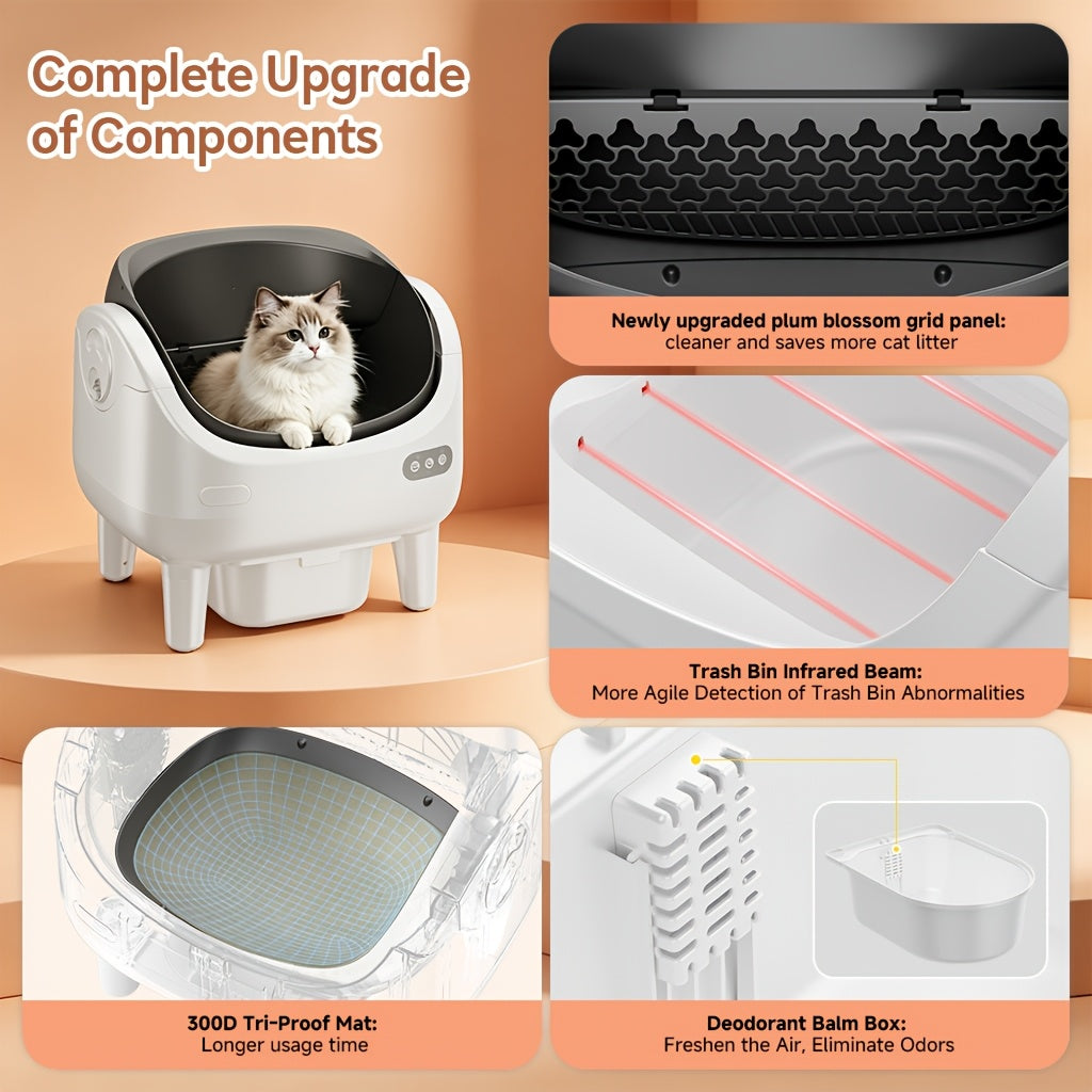 [Self-Cleaning Litter Box] Extra-Large Smart Self-Cleaning Litter Box with Built-In Sterilizing Light for Double Deodorization, Large-Capacity Waste Tray, 14-Day Automatic Cleaning, Open Design, Ideal Choice for Busy Households, Without Battery