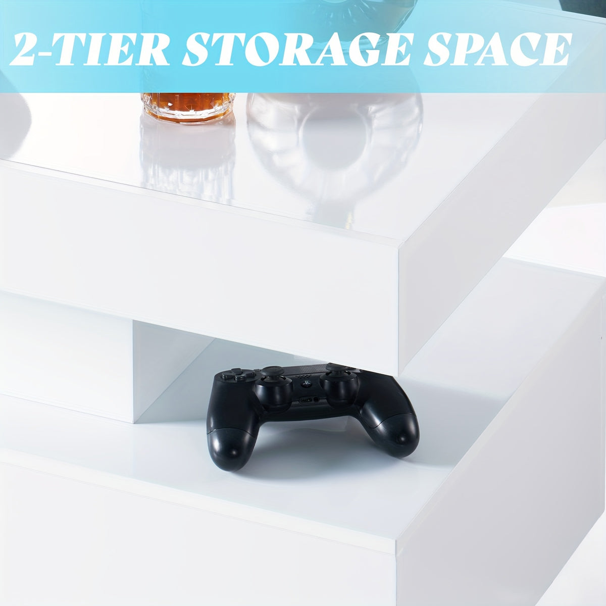High Gloss LED Coffee Table, Modern 2-Tier Center Table with LED Lights, Open Storage Space
