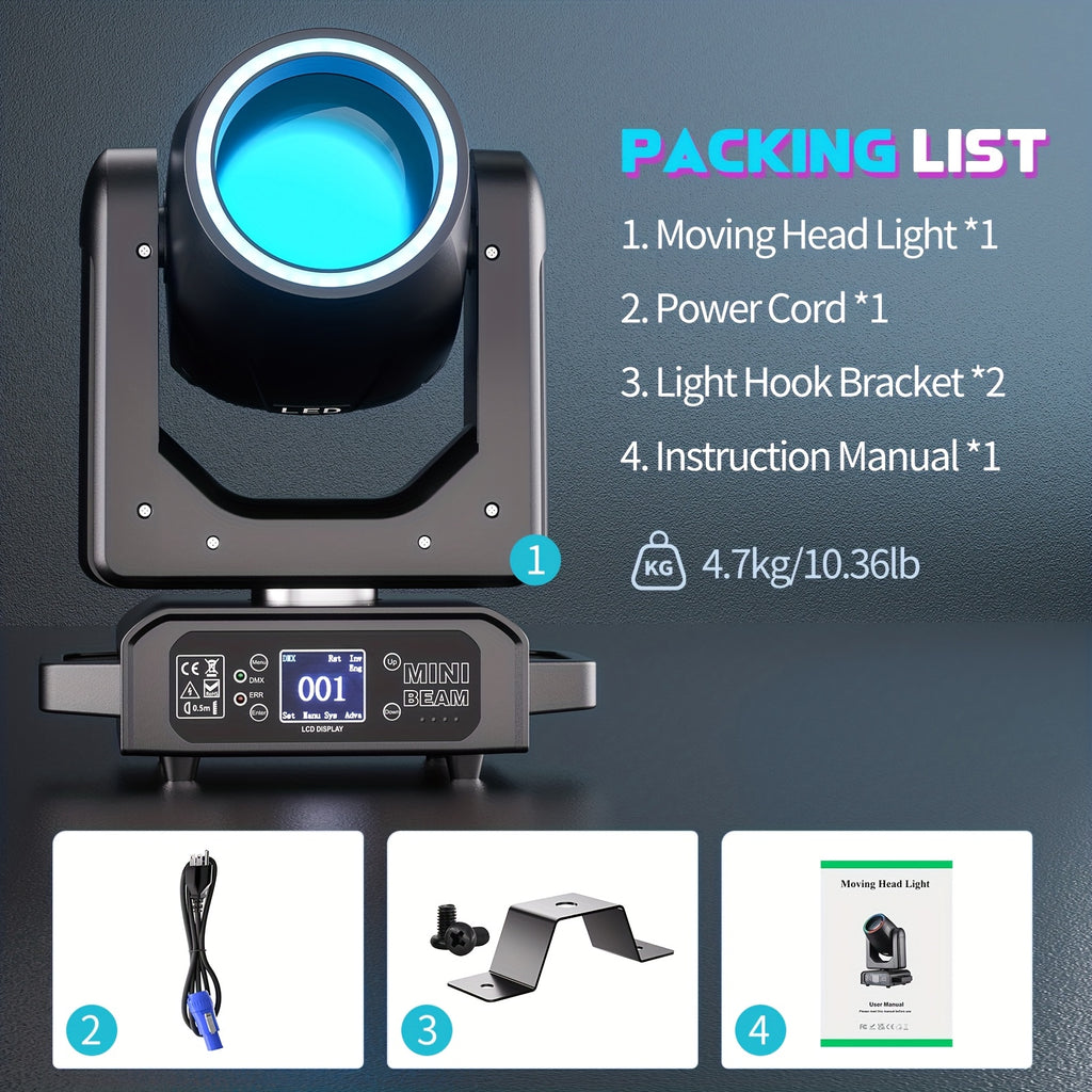250W High-Power LED Moving Head Beam Light Featuring a 7+1 Color Wheel, 11+1 Gobo Wheel, And Rainbow Effect. Controlled Via DMX512, Auto, Master/Slave, Or Sound-Activated Modes. Ideal for Bars, Clubs, KTV, Birthday Parties, And More