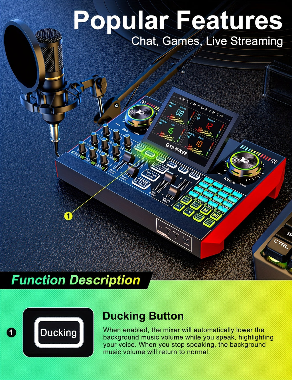 Tenlamp G10 BM800 Mic Mixer Set Podcast Influencer KOL Singing Gaming DJ Mixing Station Controller Equipment Studio Professional Recording Electronic Music Mixer Power Karaoke Machine Available Dynamic Condenser Wired Microphone Portable Microfono