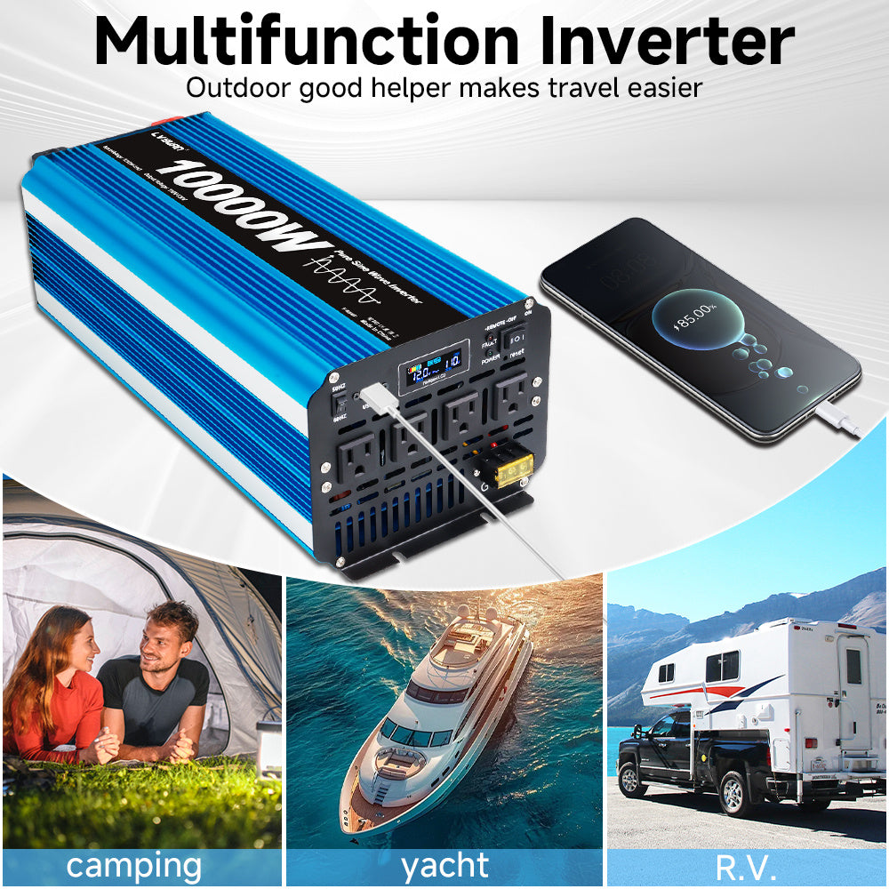 Pure Sine Wave Inverter 10000W (Peak)Car Power Inverter Efficient 12V DC To 110V 120V AC With LCD Display And Remote & Troubleshooting, 4 US Sockets For Vehicles Car Chargers For Home Solar System RV Vans, Without Battery