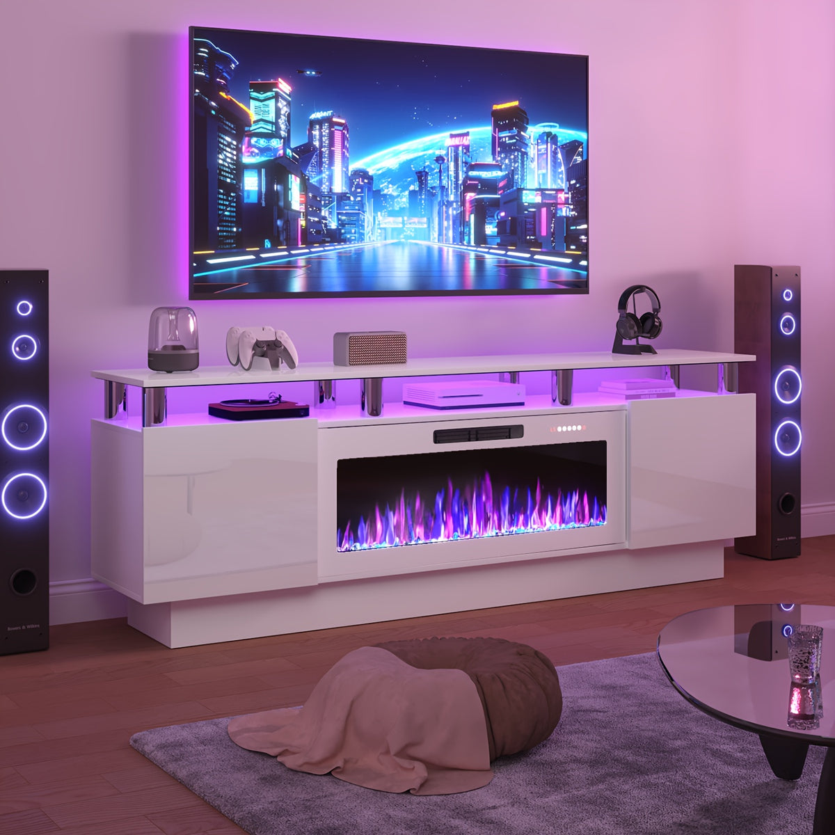 Fireplace TV Stand with 36-Inch Electric Fireplace, 70-Inch LED Light Entertainment Center with High Gloss Cabinet, 2-Tier Modern Wood Media TV Console for Living Room