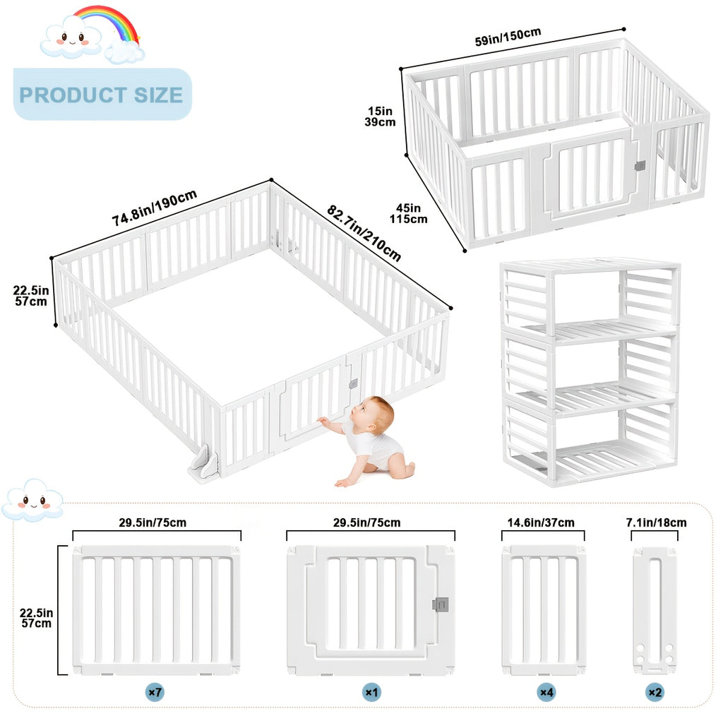 Baby Playpen Baby Fence, 2in 1 Adjustable Shape Baby Playpen, Kids Activity Centre Safety Play Yard Home Indoor Outdoor, Large Space Safe Playpen, Wardrobe Fence Storage Shelf Baby Fence with Safety Gate As Birthday Gift