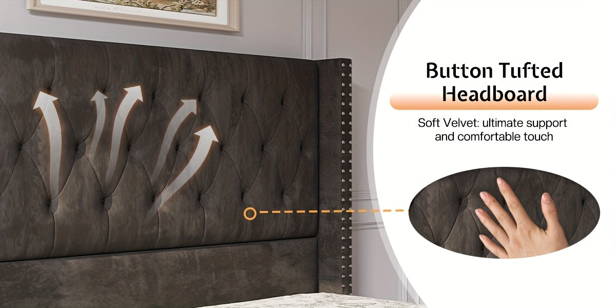 Papajet Velvet Upholstered Bed Frame with Wingback Headboard, No Box Spring Required