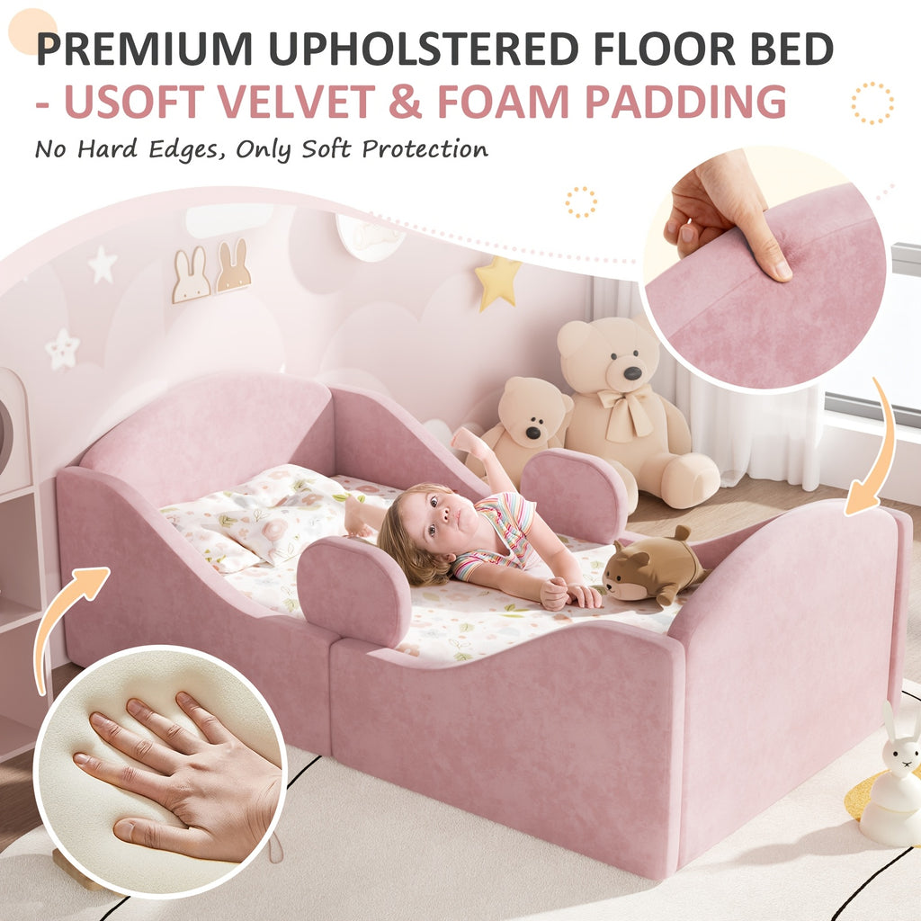 Bed Designed for Toddlers, Featuring Removable Safety Rails And a Soft Upholstered End in Pink, Blue, Or Gray. Note: Mattress Is Not Included