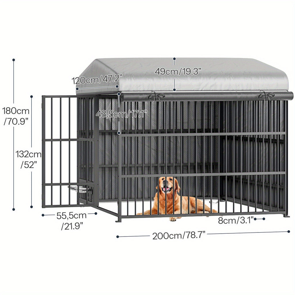 Large Outdoor Dog Kennel Measuring 70.87 Inches in Height, 78.74 Inches in Width, And 47.24 Inches in Depth, Equipped with Two Food Bowls And a Secure Lock. This Heavy-Duty Dog Crate Furniture Is Designed for Medium to Large Dogs And Features a And