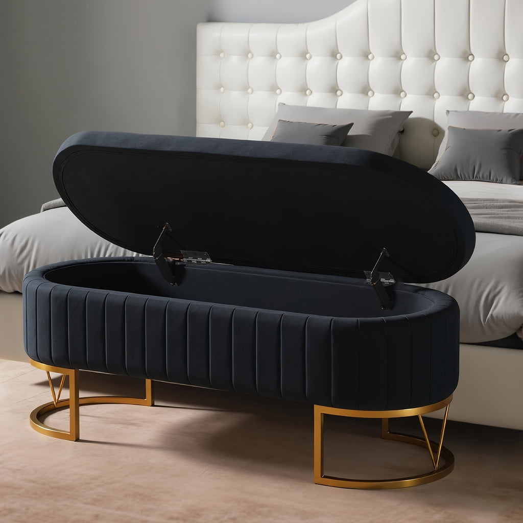 Modern 46”/46.5” (depending on orientation) Oval Velvet Storage Bench with Hinged-Lid Mechanism & Flip-Top Lid - Plush Upholstered Ottoman for End of Bed, Entryway, Living Room - Wood Frame & Luxury Design, Space-Saving Furniture (Standalone)