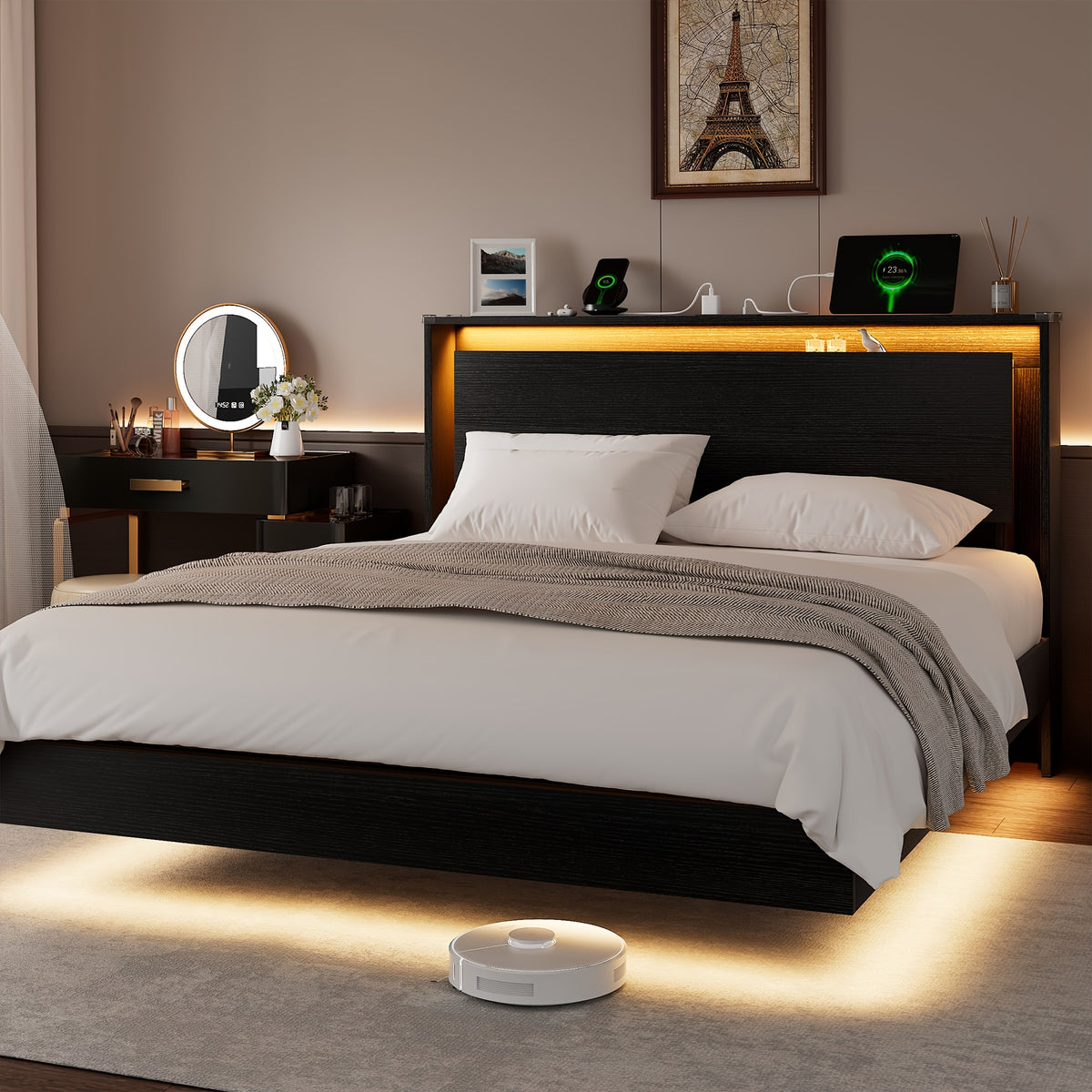 Floating Bed Frame with LED Lights & Charging Station, Heavy Duty Metal Support Frame, Easy Assembly, Bed Frame Without Mattres