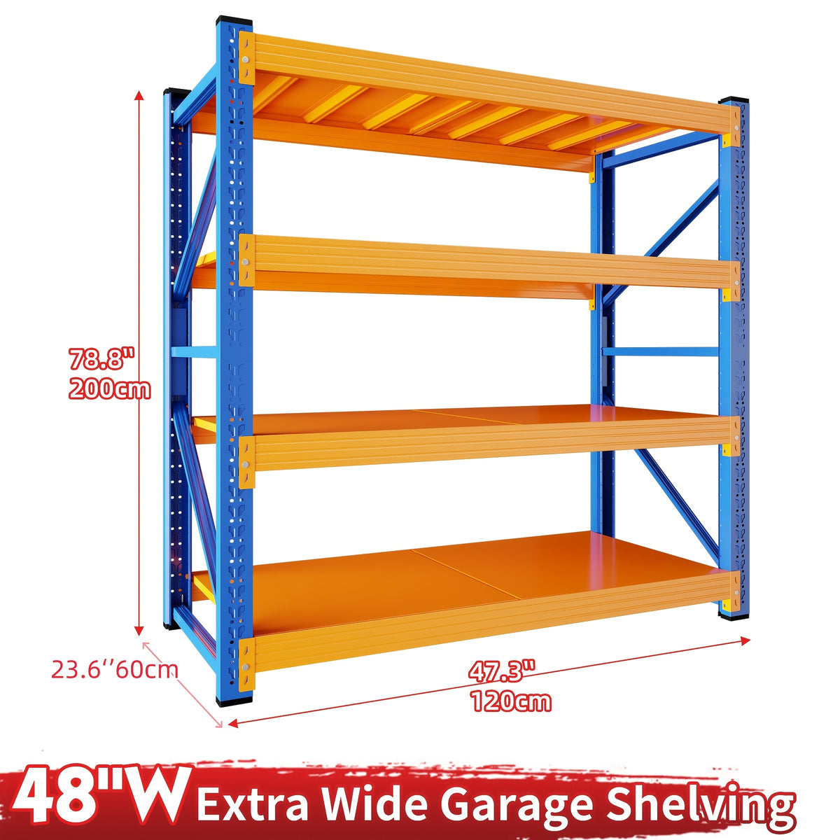 [4-Tier Garage Storage] Heavy-Duty Garage Shelving, 4-Tier Adjustable Garage Storage Metal Rack. For Home, Garage, Basement, And Laundry Room. Dimensions: 23.7" Deep X 59.1" Wide X 78.8" High. Color: Blue-Orange Storage And Organization