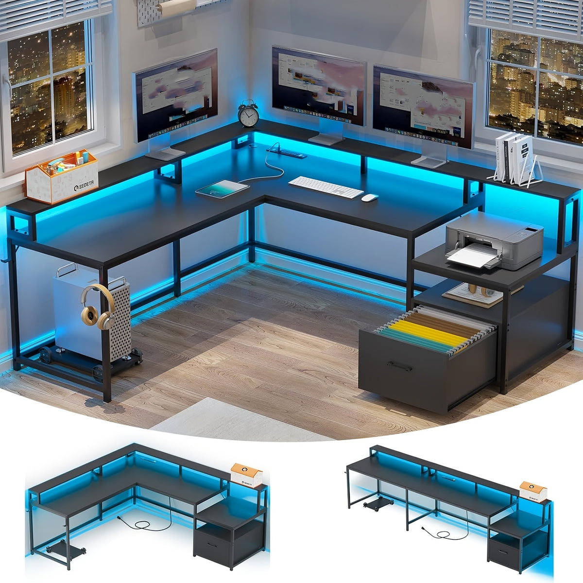 L Shaped Desk for Home Office, Reversible Corner Computer Desk with File Drawer, Led Lights and Monitor Shelf, Two Person Desk