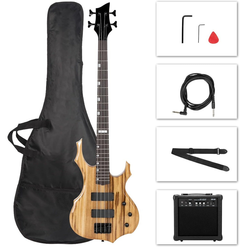 [Bass Guitar Set] Electric Bass Guitar Full Size Flame Design Bass Set with 20 Watt Amplifier, Portable Bass Bag, Superior Amp Wire, Adjustable Guitar Strap, Plectrum, Wrench Tool