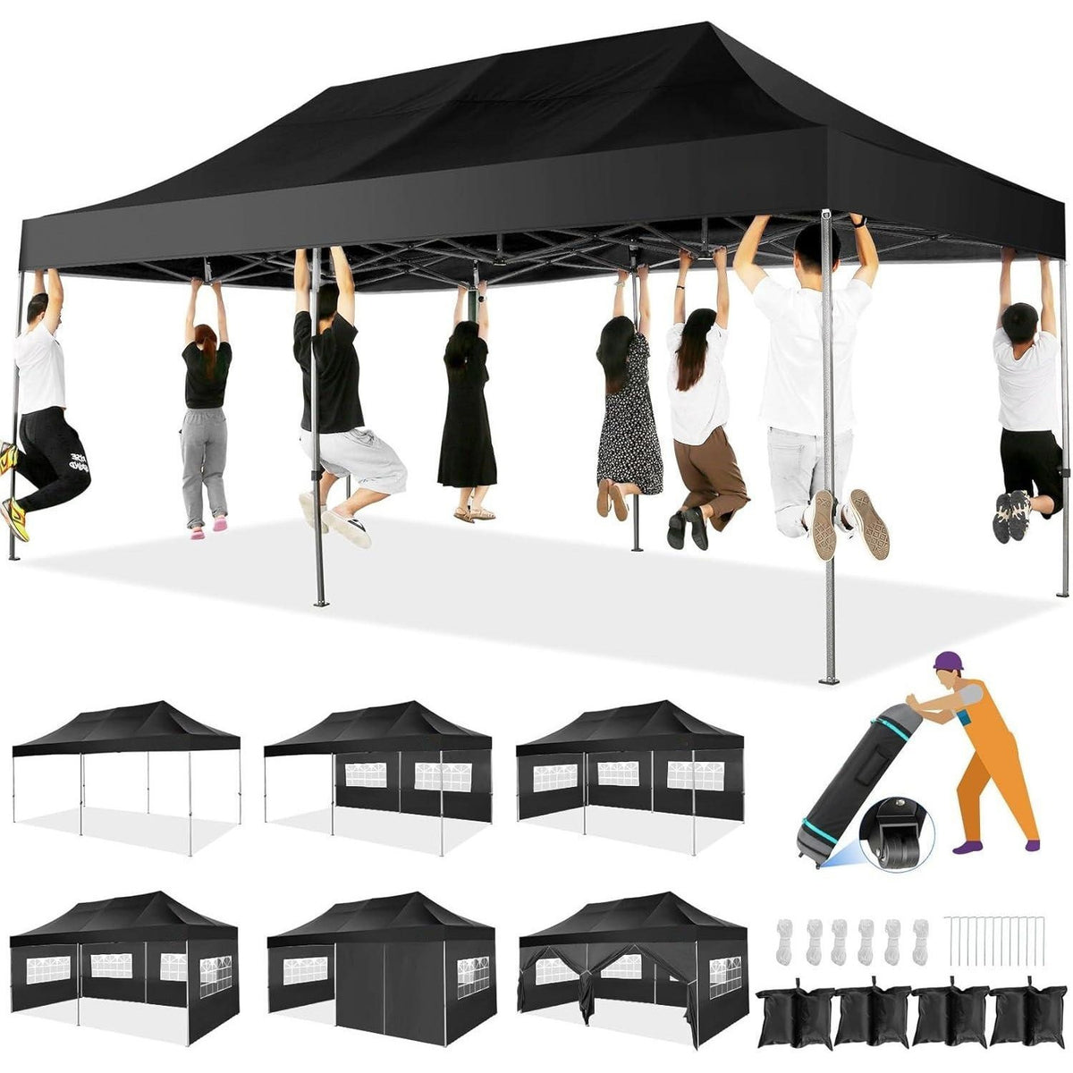 10x20 Pop Up Canopy Tent, Heavy Duty Canopy with 6 sidewalls, Easy Up Commercial Outdoor Canopy, Wedding Party Tents for Parties, All Season Wind & Waterproof Gazebo with Roller Bag, Pop Up Canopy for Wedding, Commercial Areas, Playgrounds, etc