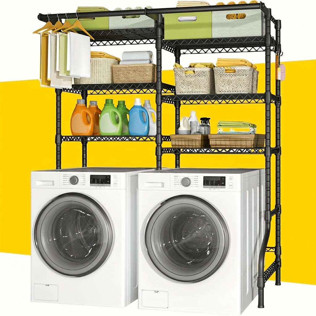 Extra Wide 6-Tier Laundry Room Shelf With 2 Hanging Rods - Freestanding Carbon Steel Storage Organizer Over Washer Dryer, 57.8"W X 22"D X 77.4"H, Black Adjustable Drying Rack, Standing Shelf