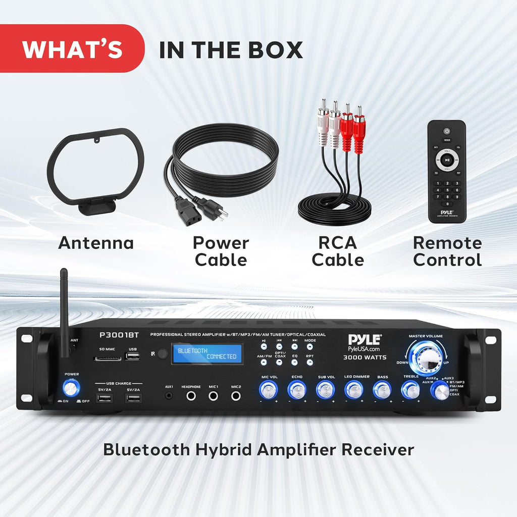 Bluetooth Hybrid Amplifier Receiver - Home Theater Pre-Amplifier with Wireless Streaming Ability w/ Digital Optical/Coax, MP3/USB/SD/AUX/FM Radio (3000 Watt)