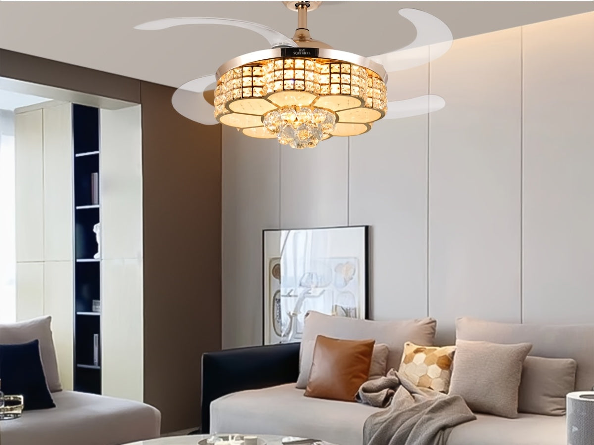 42-Inch Crystal Decoration with RGB Ceiling Fan And Light, Supports Infinite Dimming And Light Memory. with Speakers, 6 Speeds Reversible Blades, Flush Mount Chandelier Ceiling Fan Remote Control And APP Convenient Control Way