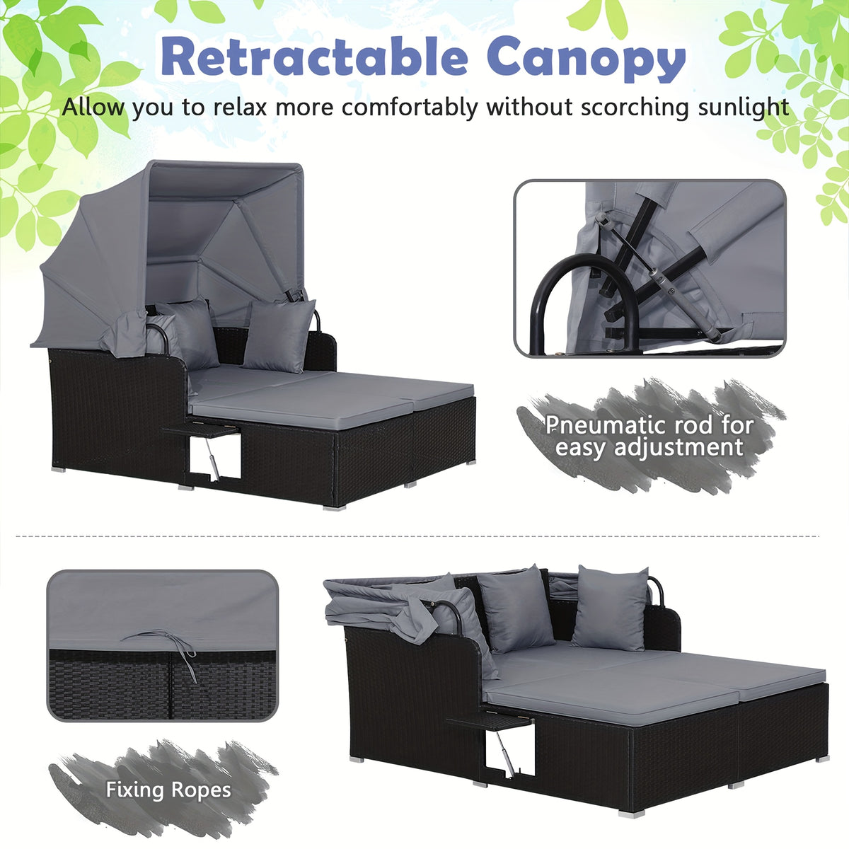 COSTWAY Patio Rattan Daybed Lounge Retractable Top Canopy Side Tables Cushions Gray.